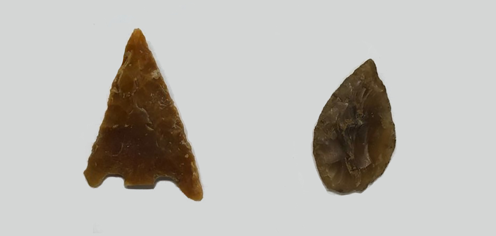 Flint arrow heads. The barbed and tanged example (left) is typical of the Bronze Age, whilst the leaf shape (right) dates from the Neolithic