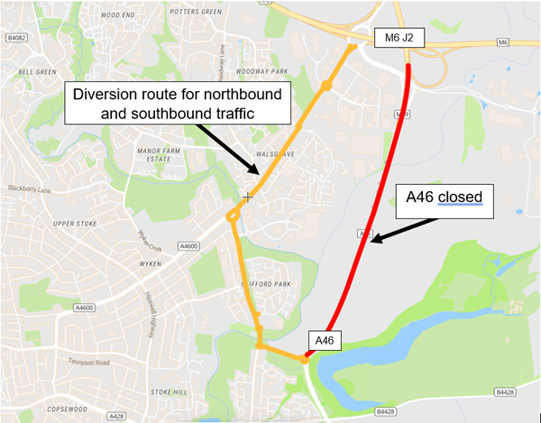 A46 closure map - November 2023